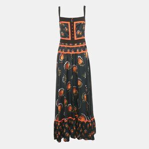 Paco Rabbane Black Printed Satin Flared Maxi Dress L